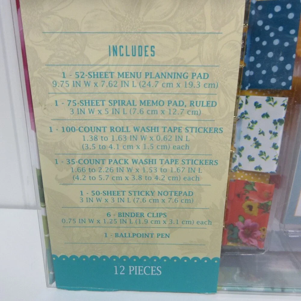 Pioneer Woman Breezy Blossom Menu Planner Clips Memo Pad Washi Tape Pen 12pc Set